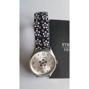 New STRADA Womens Silver Tone Watch with Floral Band, Needs Battery, Great Gift!